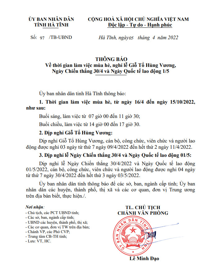 Thông báo thời gian làm việc mùa hè, nghỉ lễ Giỗ tổ Hùng Vương, Ngày chiến thắng 30/4 và Quốc tế lao động 1/5